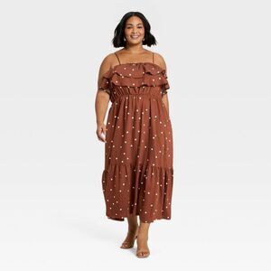 a new day Brown Polka Dot Strapless Ruffle Midi Dress new with tags NWT 2x